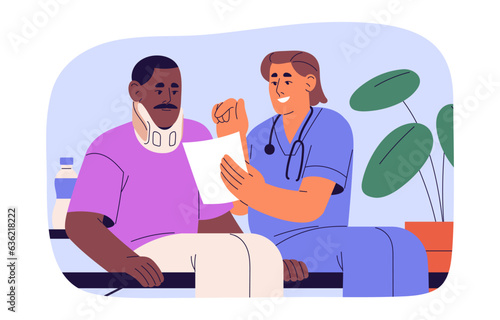 Traumatologist, orthopedist treatment patients. Doctor put on medical bandage, splint on trauma, sprain, hurt, injury, dislocation in hospital. Flat isolated vector illustration on white background