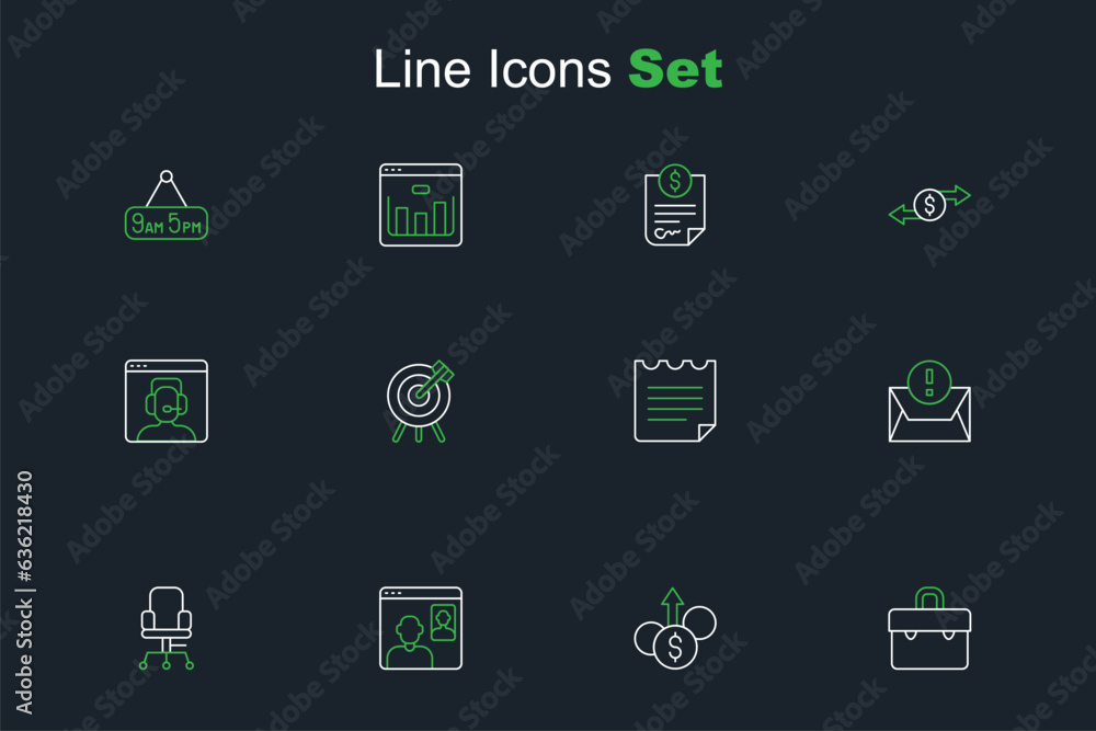 Set line Briefcase, Financial growth dollar, Video chat conference, Office chair, Envelope, Notebook, Target financial goal and Telephone 24 hours support icon. Vector Set line Briefcase, Financial growth dollar, Video chat conference, Office chair, Envelope, Notebook, Target financial goal and Telephone 24 hours support icon. Vector