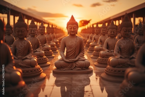 Many Statue buddha image at sunset in southen of Thailand photo