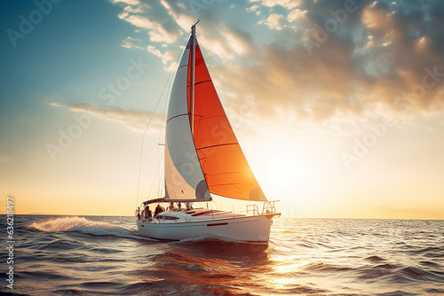 A yacht floating on an ocean at sunset