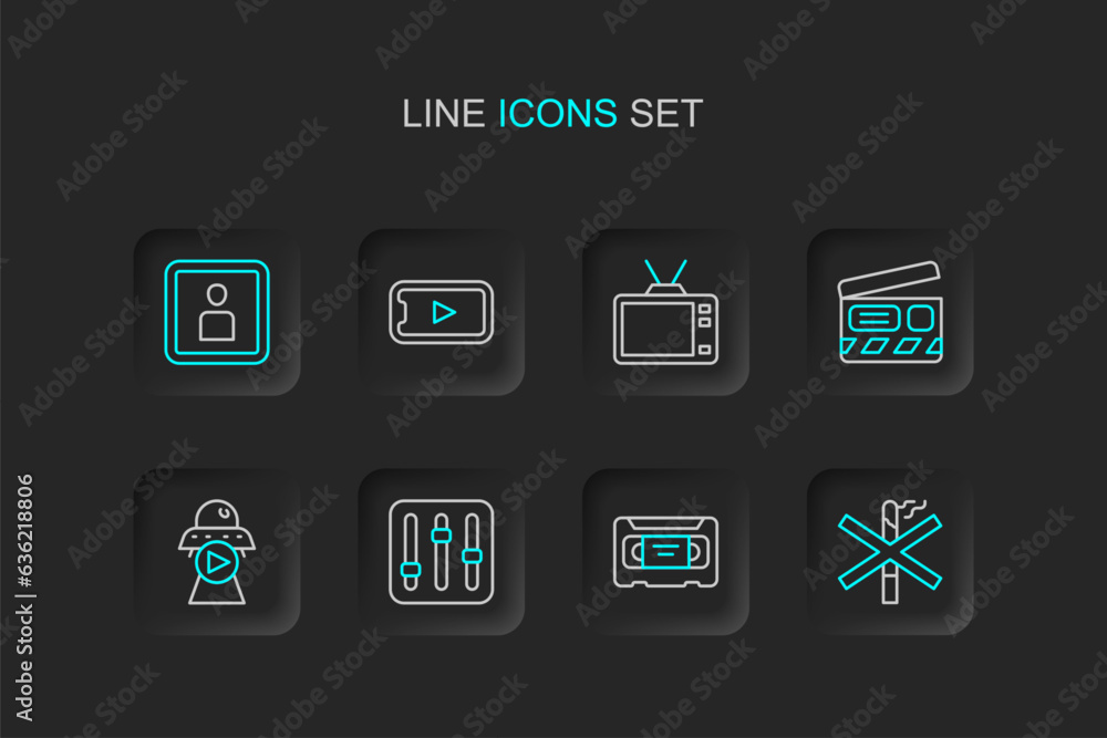 Set line No smoking, VHS video cassette tape, Sound mixer controller, Science fiction, Movie clapper, Retro tv, Online play and Play Video icon. Vector Set line No smoking, VHS video cassette tape, Sound mixer controller, Science fiction, Movie clapper, Retro tv, Online play and Play Video icon. Vector
