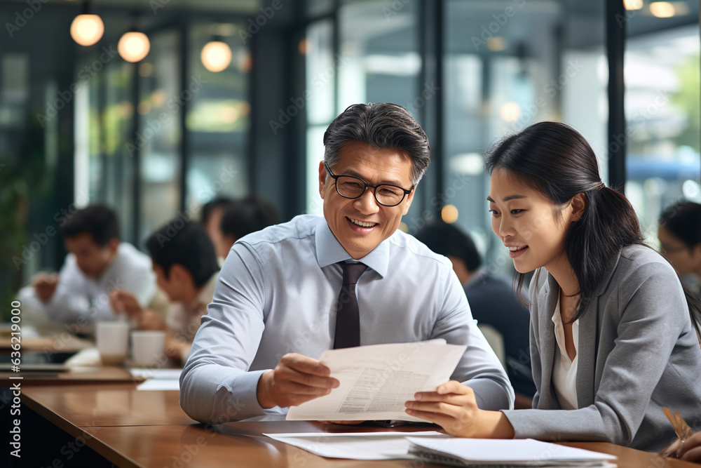 Lawyer advisor manager is showing paper documents to partner client discussing financial contract papers while in office Lawyer advisor manager is showing paper documents to partner client discussing financial contract papers while in office