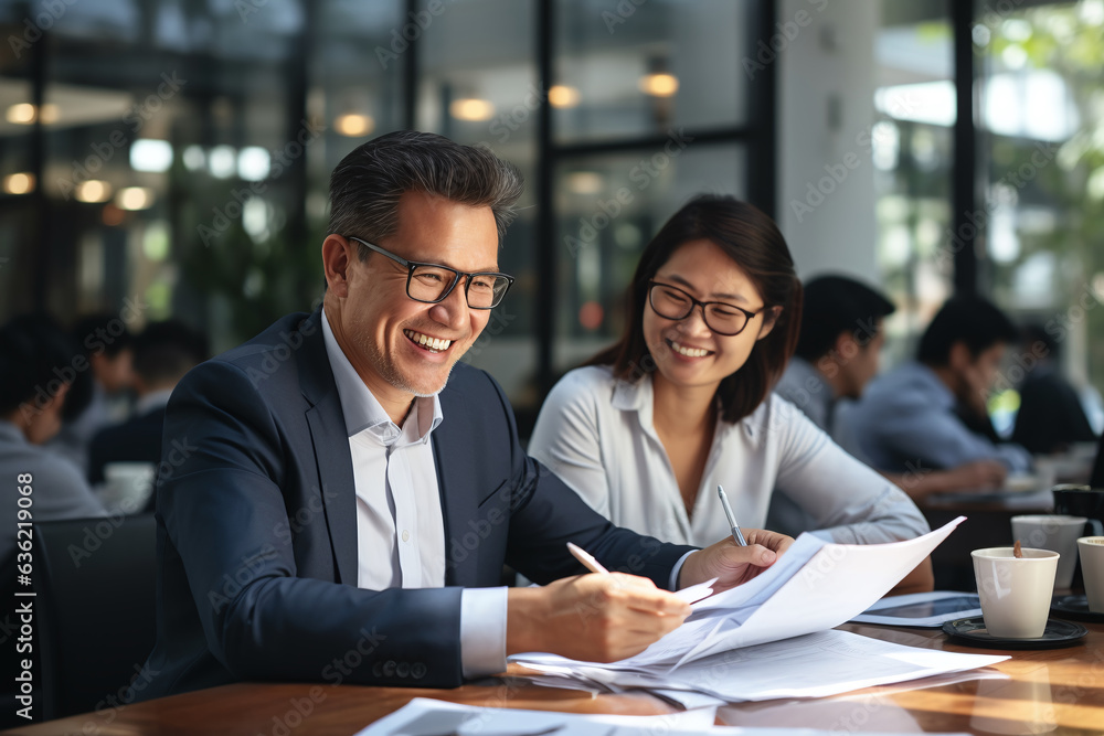 Lawyer advisor manager is showing paper documents to partner client discussing financial contract papers while in office Lawyer advisor manager is showing paper documents to partner client discussing financial contract papers while in office