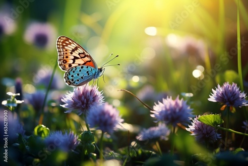 Beautiful wild flowers and a butterfly in a meadow, Generative Ai