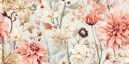 Flower and plant. Floral classic seamless print in shabby chic style. Flowers vector illustration: peony, rose, aster, leaves and plants for background, pattern and wallpaper