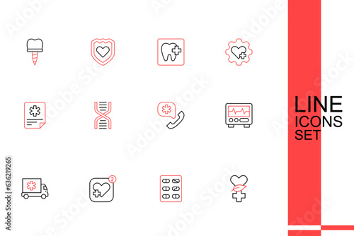 Set line Ethnoscience, Pills in blister pack, Mobile with heart rate, Ambulance car, Monitor cardiogram, Emergency call 911, DNA symbol and Patient record icon. Vector