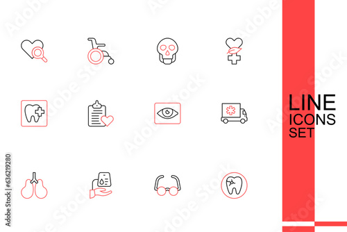 Set line Tooth with caries, Glasses, Blood donation, Lungs, Ambulance, Red eye effect, Patient record and Dental clinic location icon. Vector