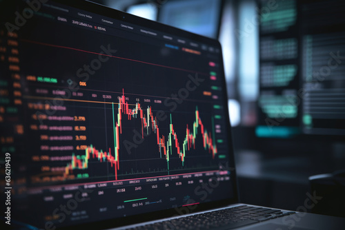 Stockmarket online trading chart candlestick on crypto currency platform. Stock exchange financial market price candles graph data pattern analysis concept. Computer screen closeup background