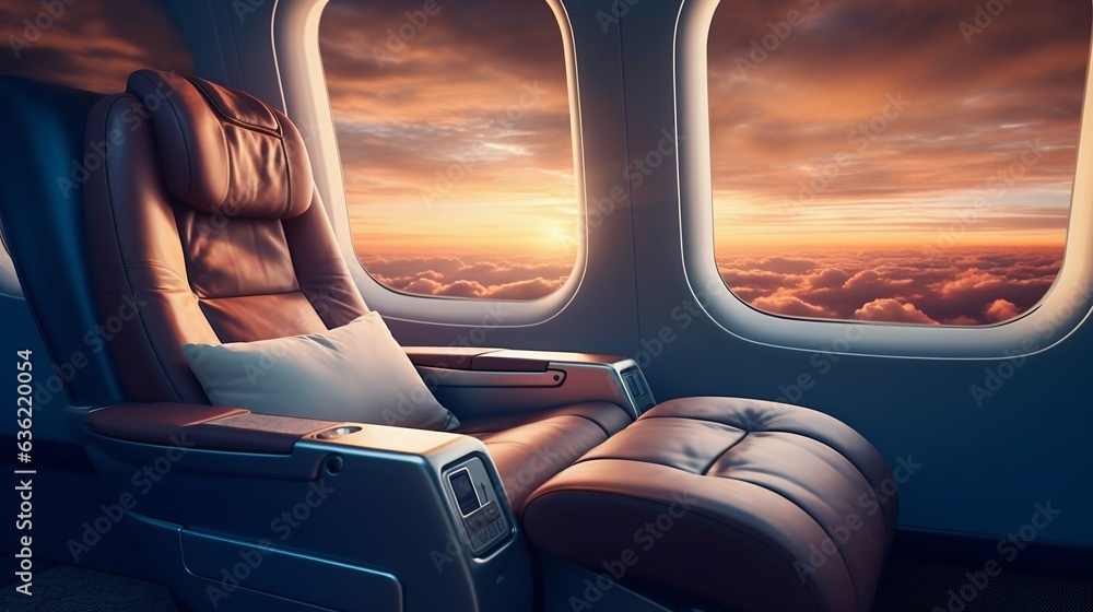 Luxury First Class Seat in Airplane at Sunset. Generative ai
