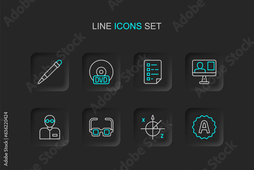 Set line Exam sheet with A plus grade, Trigonometric circle, Glasses, Teacher, Online class, Clipboard checklist, CD or DVD disk and Pencil eraser icon. Vector