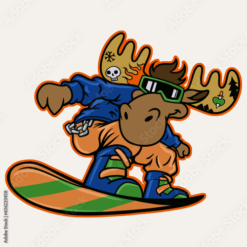 Moose on snowboard Cartoon Vector Illustration