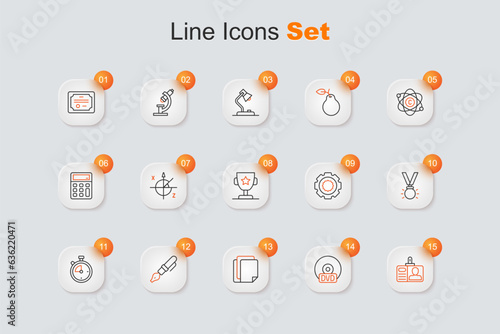 Set line Identification badge, CD or DVD disk, File document, Fountain pen nib, Stopwatch, Medal, Gear and Award cup icon. Vector