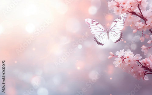 spring background with sakura flowers and butterfly