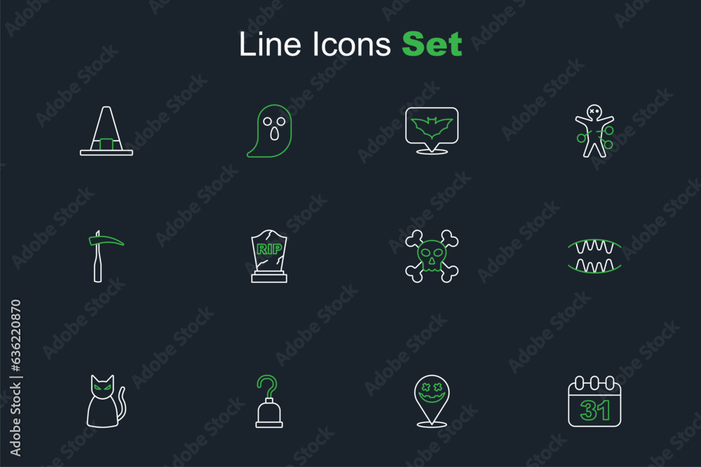 Set line Halloween date 31 october, Happy holiday, Pirate hook, Black cat, Vampire teeth, Skull on crossbones, Tombstone with RIP written and Scythe icon. Vector Set line Halloween date 31 october, Happy holiday, Pirate hook, Black cat, Vampire teeth, Skull on crossbones, Tombstone with RIP written and Scythe icon. Vector