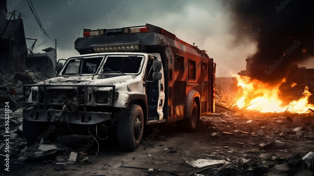 Burned Ambulance amidst Warzone City Devastation. Generative ai Burned Ambulance amidst Warzone City Devastation. Generative ai