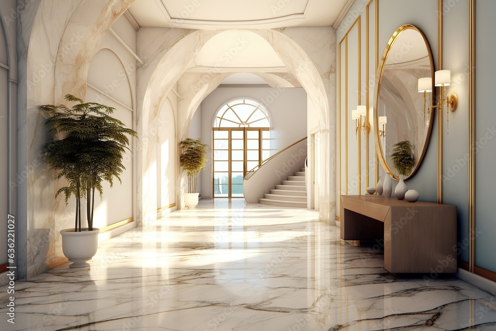 A grandiose hallway of marbled flooring and towering walls adorned with lush houseplants, inviting windows, and a gleaming mirror, creating a majestic yet inviting atmosphere welcoming lobby