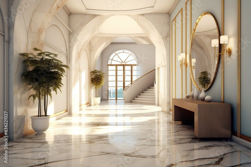 A grandiose hallway of marbled flooring and towering walls adorned with lush houseplants, inviting windows, and a gleaming mirror, creating a majestic yet inviting atmosphere welcoming lobby © Glittering Humanity