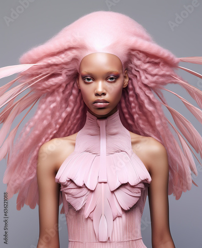 A young woman with vibrant pink hair stands confidently in a stylish dress, her fashion choice a daring statement of self-expression and freedom, futuristic afro futurism photo