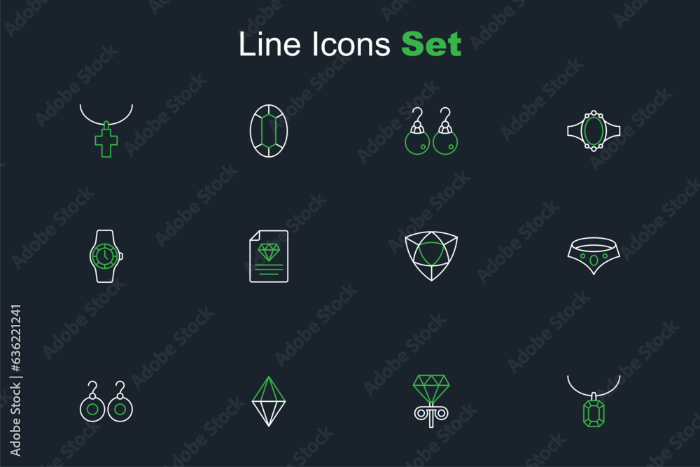 Set line Pendant on necklace, Stud earrings, Gem stone, Earrings, Necklace, Diamond, Certificate of the diamond and Wrist watch icon. Vector Set line Pendant on necklace, Stud earrings, Gem stone, Earrings, Necklace, Diamond, Certificate of the diamond and Wrist watch icon. Vector
