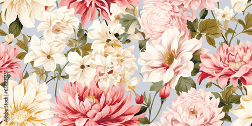 Flower and plant. Floral classic seamless print in shabby chic style. Flowers vector illustration: peony, rose, aster, leaves and plants for background, pattern and wallpaper
