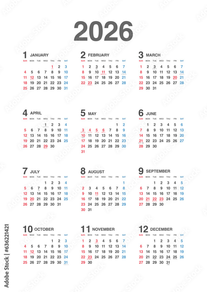 2026年 年間カレンダー縦 日本の祝日・年中行事入り 2026年 年間カレンダー縦 日本の祝日・年中行事入り
