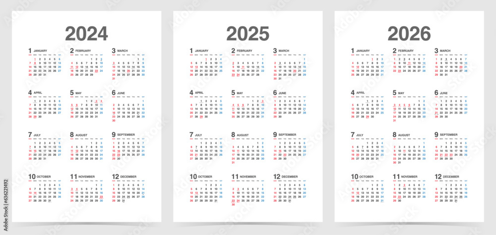 年間カレンダー縦 2024年・2025年・2026年セット 日本の祝日・年中行事