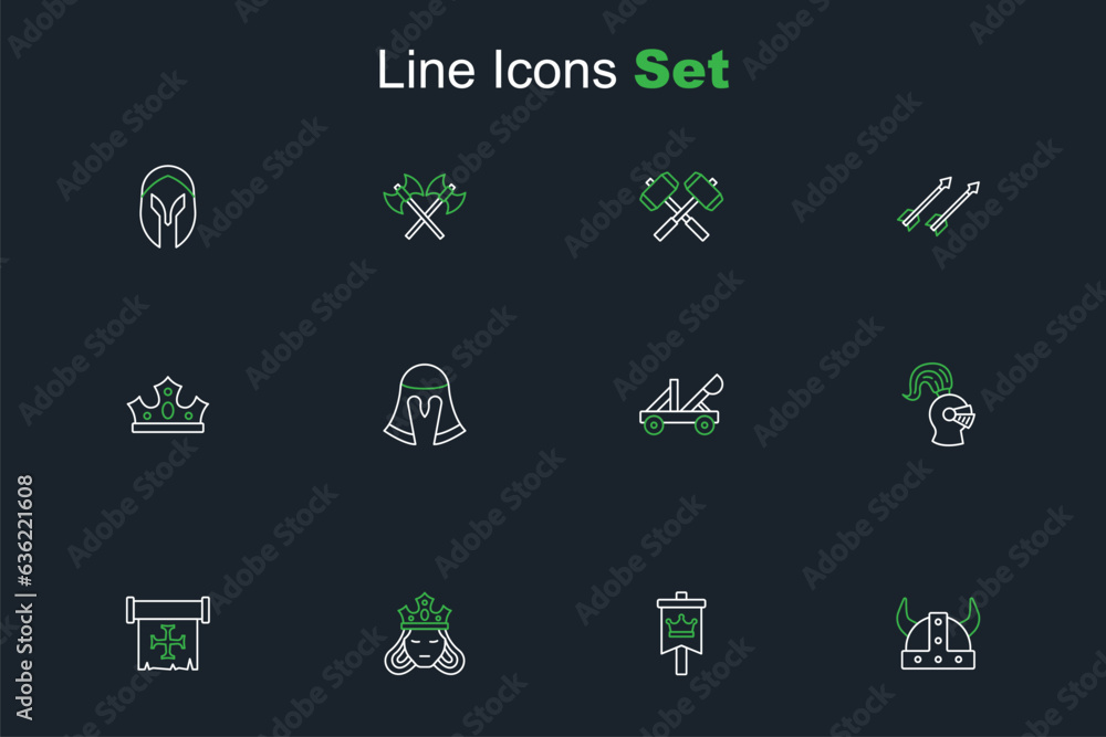 Set line Viking in horned helmet, Medieval flag, Princess queen, Crusade, catapult, and King crown icon. Vector