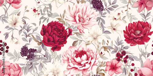 Flower and plant. Floral classic seamless print in shabby chic style. Flowers vector illustration: peony, rose, aster, leaves and plants for background, pattern and wallpaper
