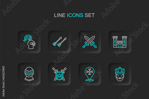 Set line King with crown, Crusade, Shield swords, Medieval helmet, Castle, Crossed medieval, arrows and icon. Vector