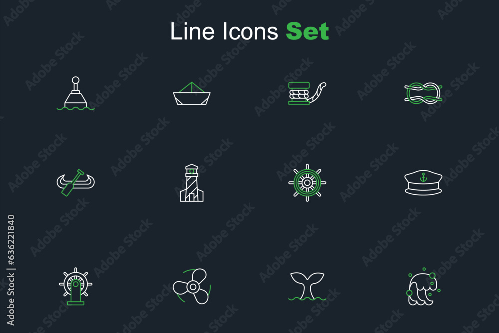 Set line Tsunami, Whale tail, Boat propeller, Ship steering wheel, Captain hat, Lighthouse and Kayak and paddle icon. Vector