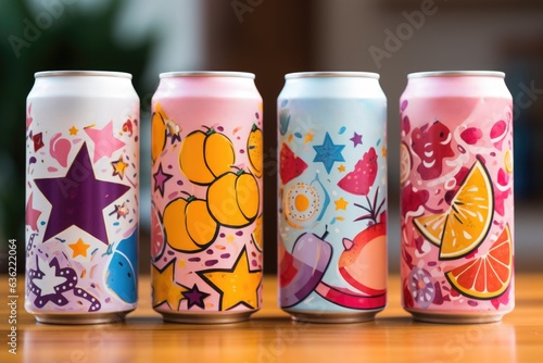 Four cans of different colored drinks with different designs. AI