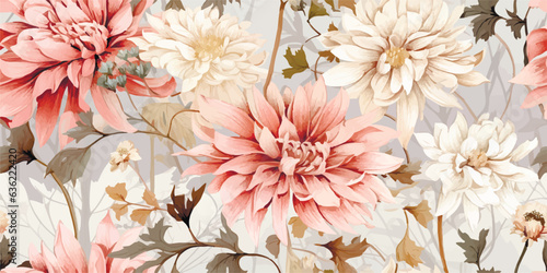 Flower and plant. Floral classic seamless print in shabby chic style. Flowers vector illustration: peony, rose, aster, leaves and plants for background, pattern and wallpaper