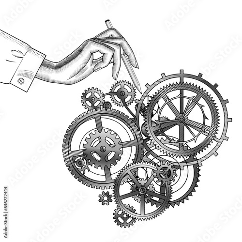 Hand with pencil and gear wheels of clockwork. Pencil and drawn sketches of gears mechanism Vintage engraving stylized drawing. Vector illustration