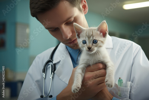 Veterinarian caring for kitten at clinic, ensuring pet health in safe, loving environment.