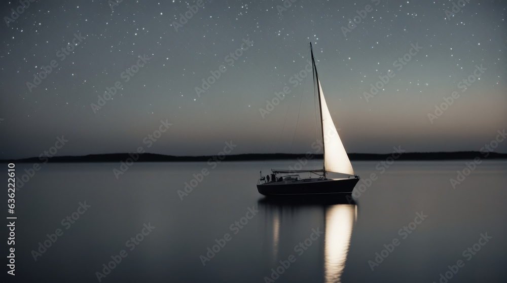 Fototapeta premium Sailing boat on the lake at night with stars in the sky
