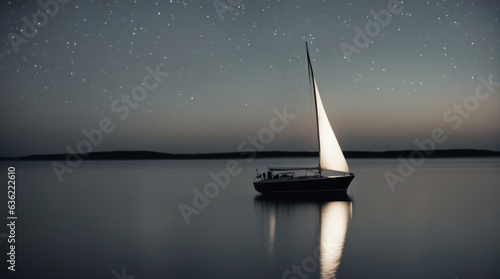 Sailing boat on the lake at night with stars in the sky