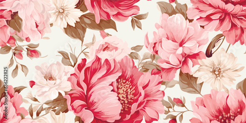 Flower and plant. Floral classic seamless print in shabby chic style. Flowers vector illustration: peony, rose, aster, leaves and plants for background, pattern and wallpaper