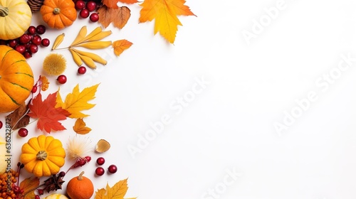 Autumn composition. Rowan berries  dried leaves  pumpkins  and flowers on white background. Autumn  fall  halloween  thanksgiving day concept. View from the top  with text space. Generative AI
