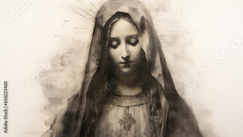 The image of the virgin Mary in black and white. Digital painting.