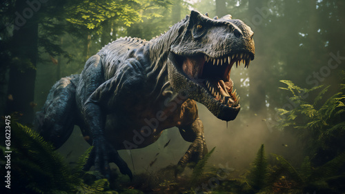 T rex or tyrannosaurus rex a large carnivorous theropod dinosaur of the Jurassic Cretaceous period with a fierce large monster size head jaw and teeth  Generative AI stock illustration image