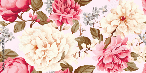 Flower and plant. Floral classic seamless print in shabby chic style. Flowers vector illustration: peony, rose, aster, leaves and plants for background, pattern and wallpaper