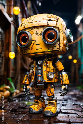 Yellow robot with big eyes standing in front of building.