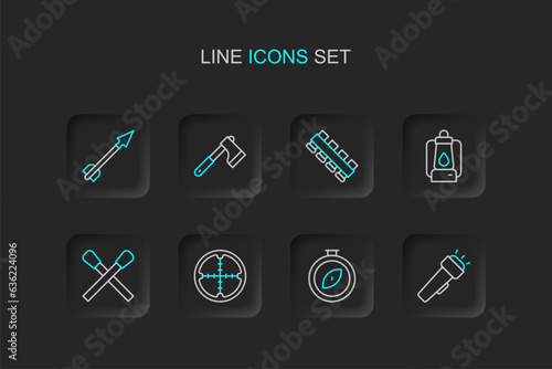 Set line Flashlight, Compass, Sniper optical sight, Burning match with fire, Camping lantern, Hunting cartridge belt, Wooden axe and Medieval arrow icon. Vector
