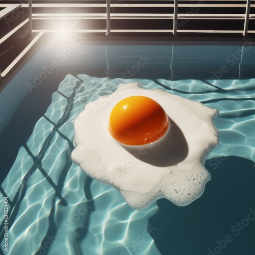 Minimal summer concept made of fried eggs in a swimming pool. Summer concept.
