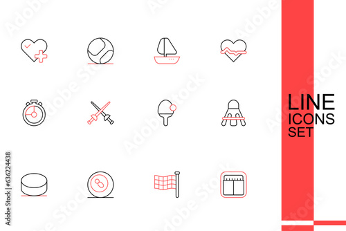 Set line Sport mechanical scoreboard, Checkered flag, Billiard pool snooker ball, Hockey puck, Badminton shuttlecock, Racket, Fencing and Stopwatch icon. Vector