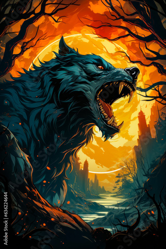 Wolf with its mouth open in front of full moon.