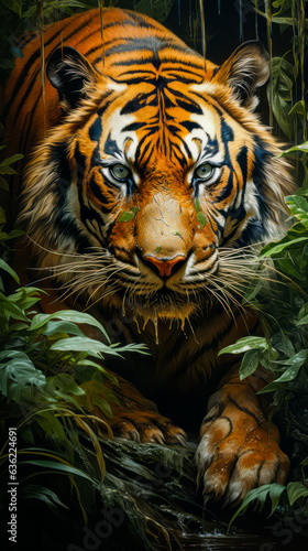 Image of tiger surrounded by plants and greenery.