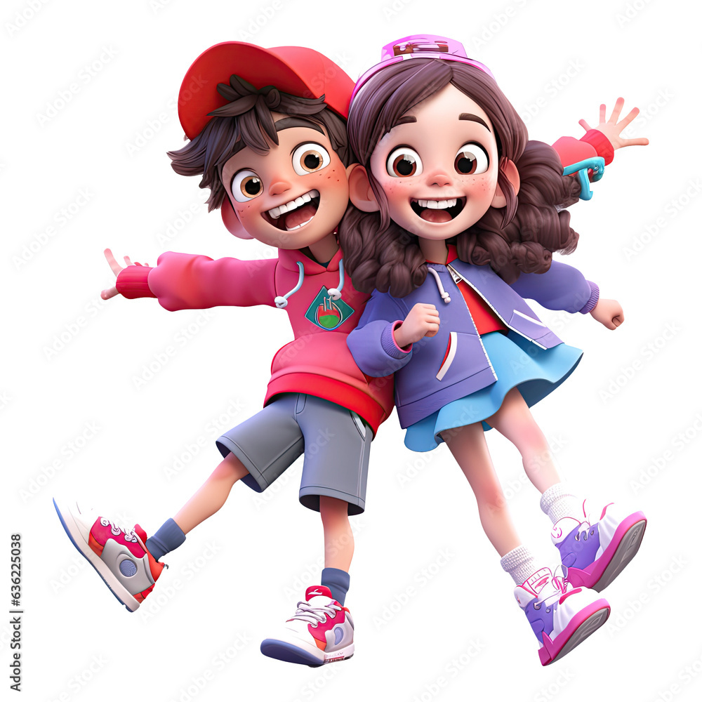 3D cartoon happy boy and girl character on transparent background ...