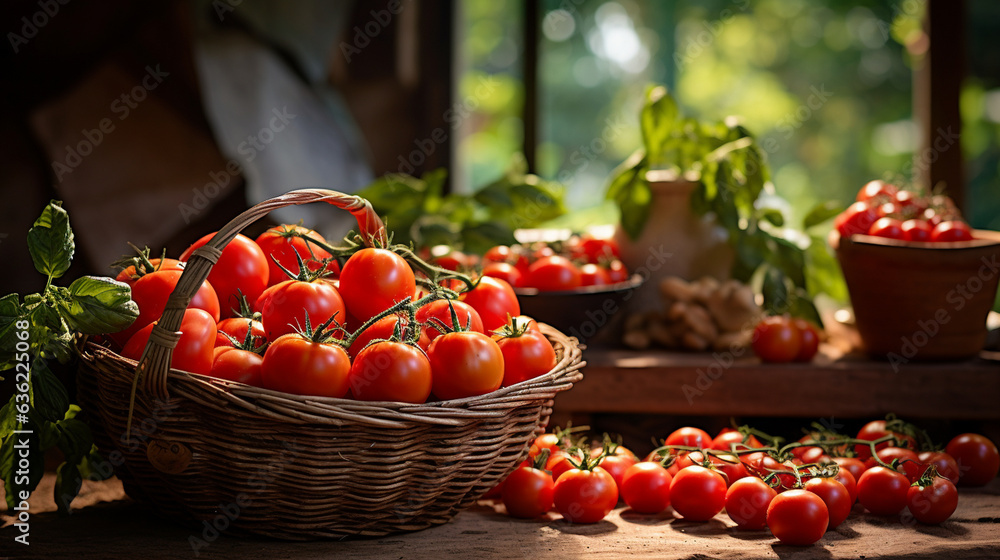 A rustic scene showcasing a basket of juicy Roma tomatoes, arranged on a vintage wooden table against a backdrop of lush greenery A rustic scene showcasing a basket of juicy Roma tomatoes, arranged on a vintage wooden table against a backdrop of lush greenery
