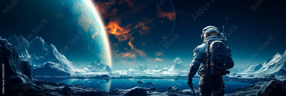 Man standing on the edge of planet looking at another planet. - obrazy, fototapety, plakaty 
